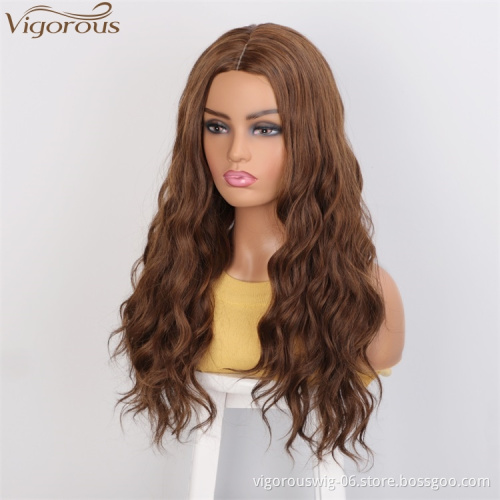 Vigorous Top Quality Dark Brown Mixed Light Auburn Long Wavy Wig Middle Part Synthetic Wigs For Black Women Wholesale Price